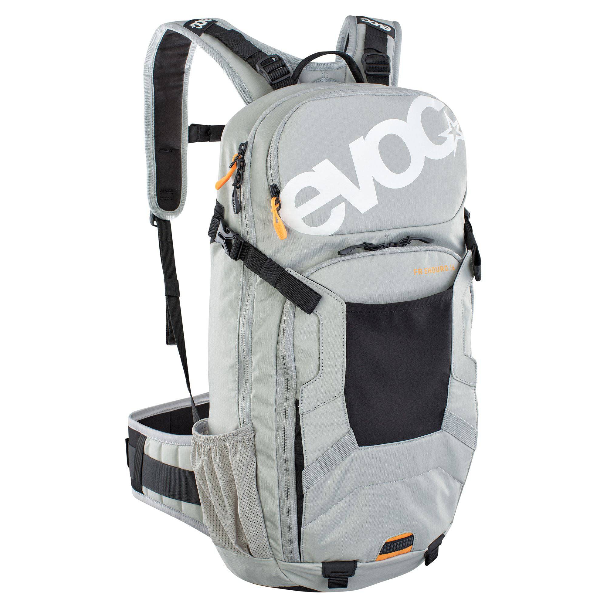 EVOC FR Enduro Protector Backpack with 16L capacity and LITESHIELD back protection, shown with adjustable straps and durable design