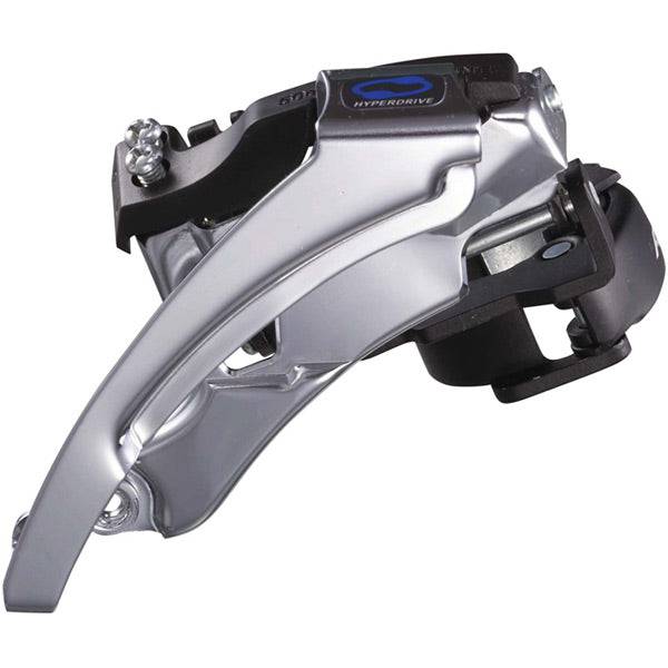 Shimano Altus FD-M310 8-speed front derailleur for mountain bikes, showing the dual pull front mech in a close-up image.