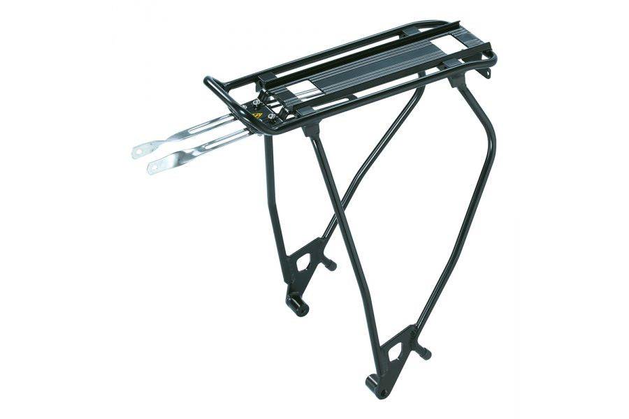 Topeak Master Adaptarack disc bike rack for 26 or 700C bikes with disc brakes, black, mounted on a bicycle.