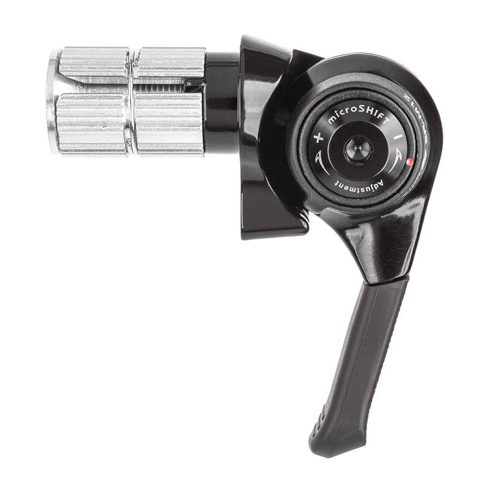 MicroSHIFT MTB drop bar end shifters with indexed and friction modes for bike components, mounted on drop handlebars.