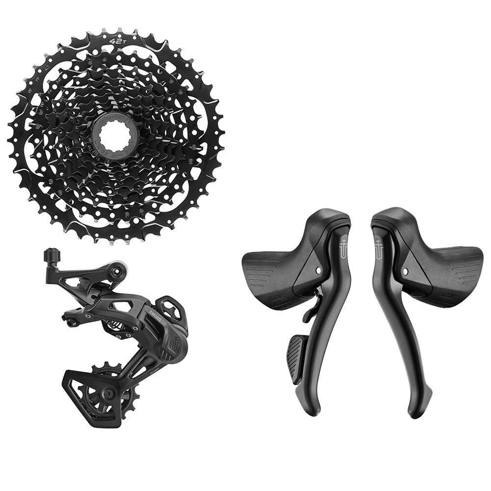 MicroSHIFT Sword Black 1x9 gravel groupset with disc brake compatibility, featuring shifters, derailleur, and cables for off-road cycling.
