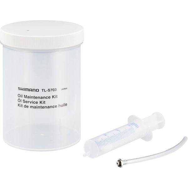 Shimano Workshop TL-S703 hydraulic brake maintenance drain pot and syringe kit for workshop use, displayed on a plain background.