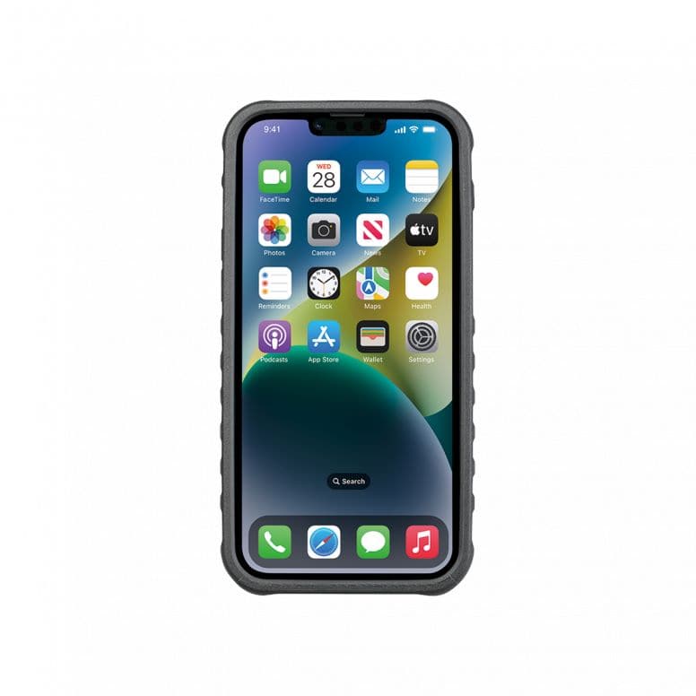 Topeak iPhone 14 Plus RideCase in black, a protective cycling phone case with rugged design and secure mount for outdoor riding.