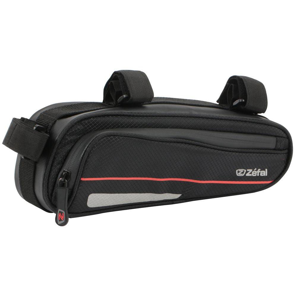 Zefal Z Frame Pack bike bag with universal mount and reflective stripes, 1.3L capacity, attached to a bike frame.