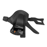 SunRace DLM400 L3 dual lever MTB shifters for precise mountain bike gearing, mounted on handlebar with gear indicators.
