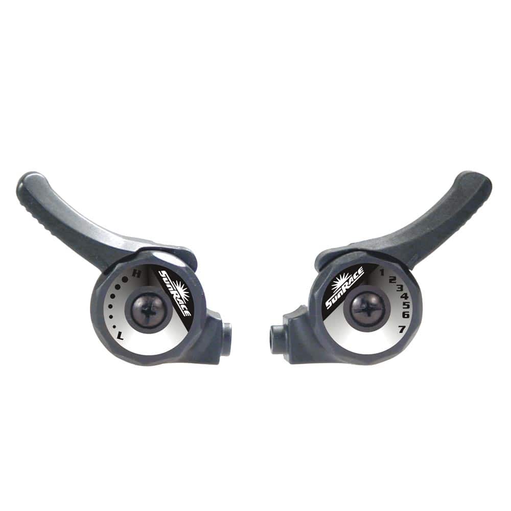 SunRace SLM2TLF thumb MTB shifters for precise mountain bike gear changes, showcasing their ergonomic design and gear mechanism.