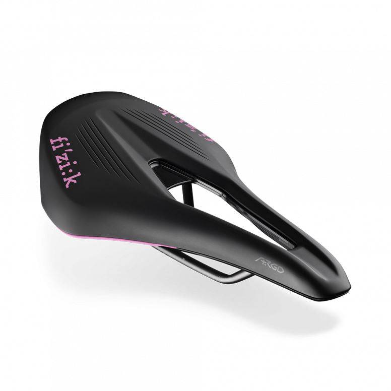 Fizik Vento Argo R3 racing saddle with ergonomic cutout for stability and comfort, shown from a side angle.