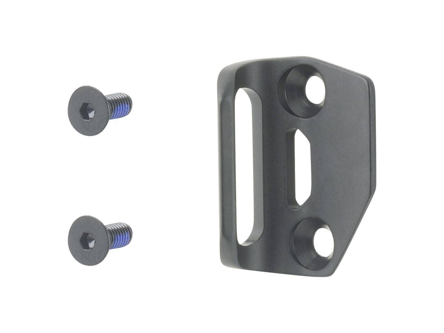 Black Trek road bike front derailleur hanger, a durable replacement component for Trek bicycle components.