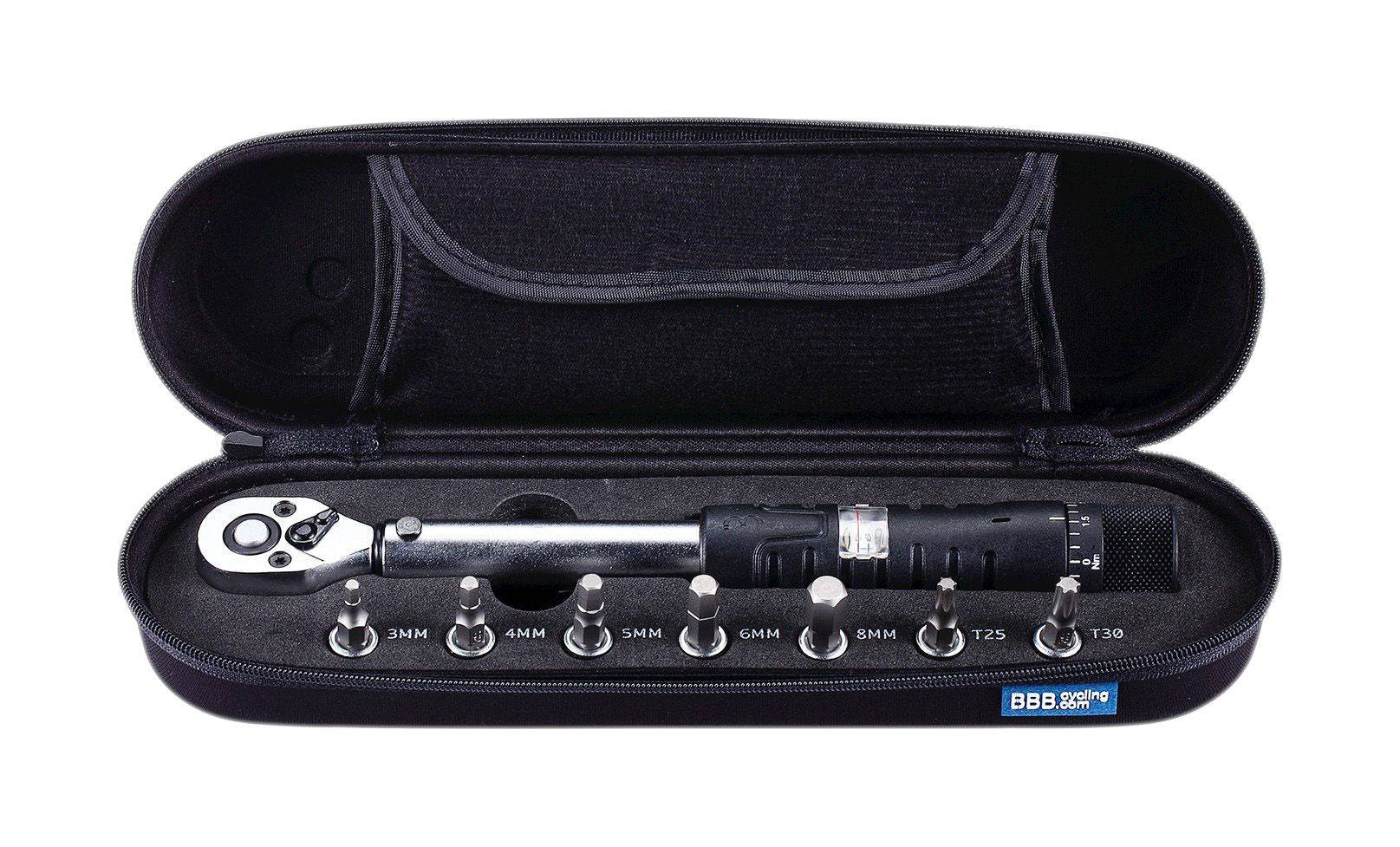 BBB BTL-73 TorqueFix 1/4 drive torque wrench with hex and Torx keys in a workshop case, measuring 2-14Nm.