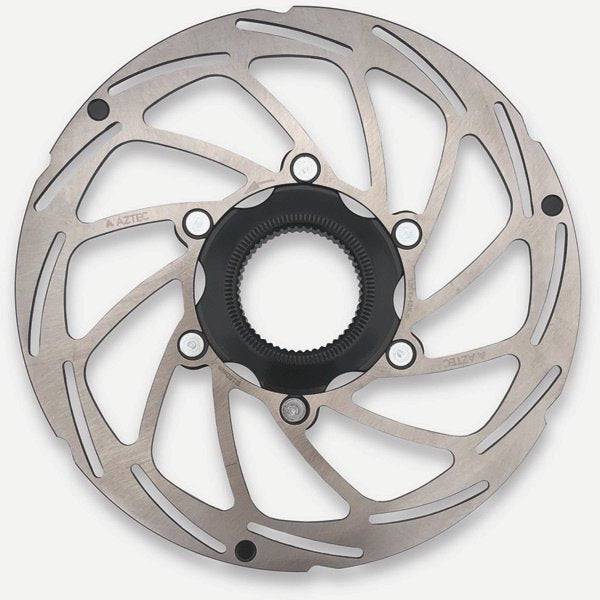 Aztec stainless steel 2mm fixed centre-lock disc brake rotor for bicycle components, showing the detailed rotor with bolt holes.