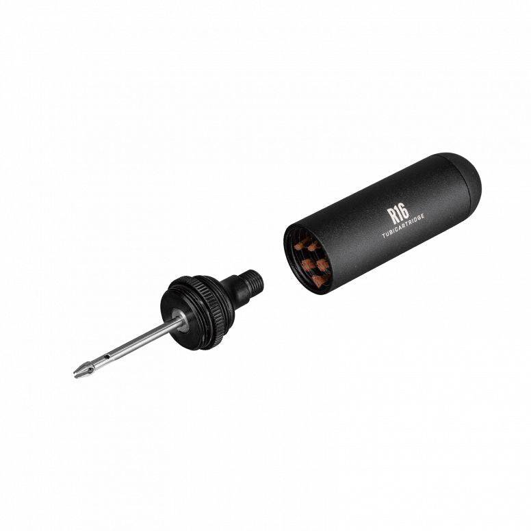 Topeak Tubi Cartridge R16 black storage box for road tubeless tire repair kit, compact component for bike maintenance accessories.
