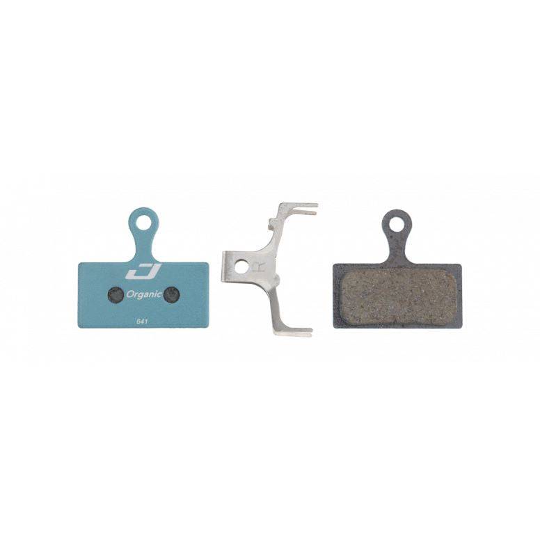 Jagwire Sport Organic disc brake pads for Shimano and RideRever Cargo-D, blue color, shown with packaging and components.