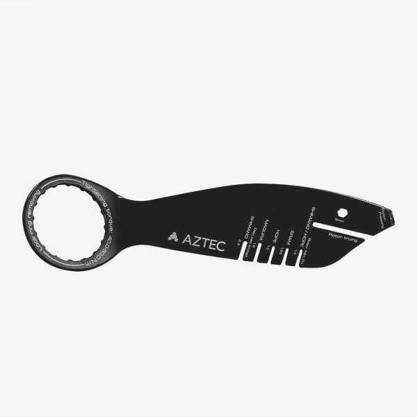 Aztec Shark Rotor Wear Indicator and Lockring Wrench for disc brake maintenance, showing the components and tools in use.