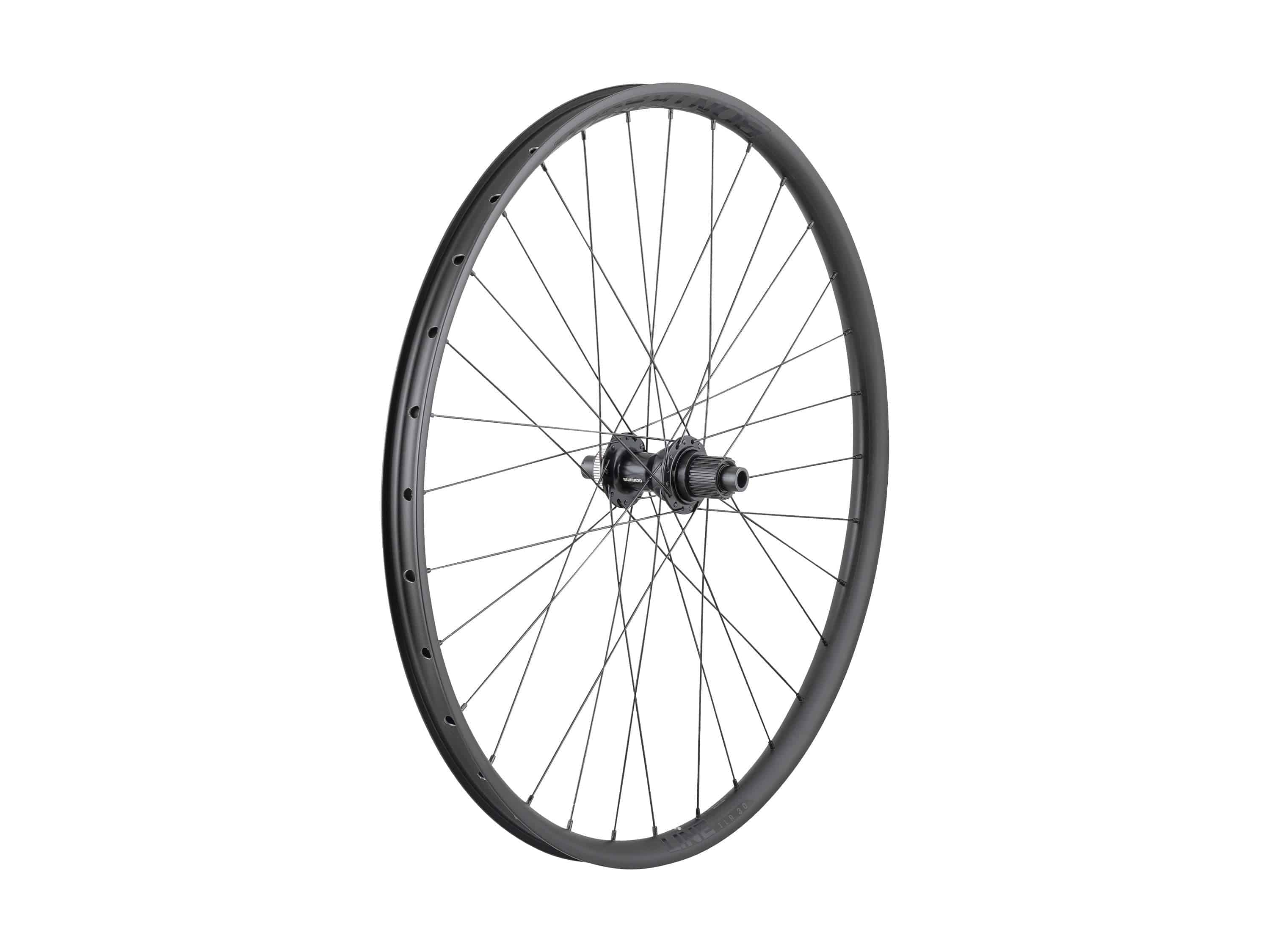 Bontrager Line TLR 30 Boost 27.5-inch tubeless-ready mountain bike wheel with black alloy rim and spokes, suitable for trail riding.