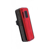 Moon Sport Helix Pro rear LED bike light in black with USB-C charging, emitting 150 lumens, mounted on a bicycle.
