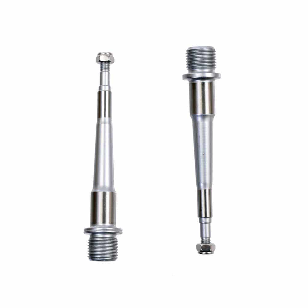 HT Components replacement axles for bike pedals, showing durable metal spares and accessories for pedal installation and repair.