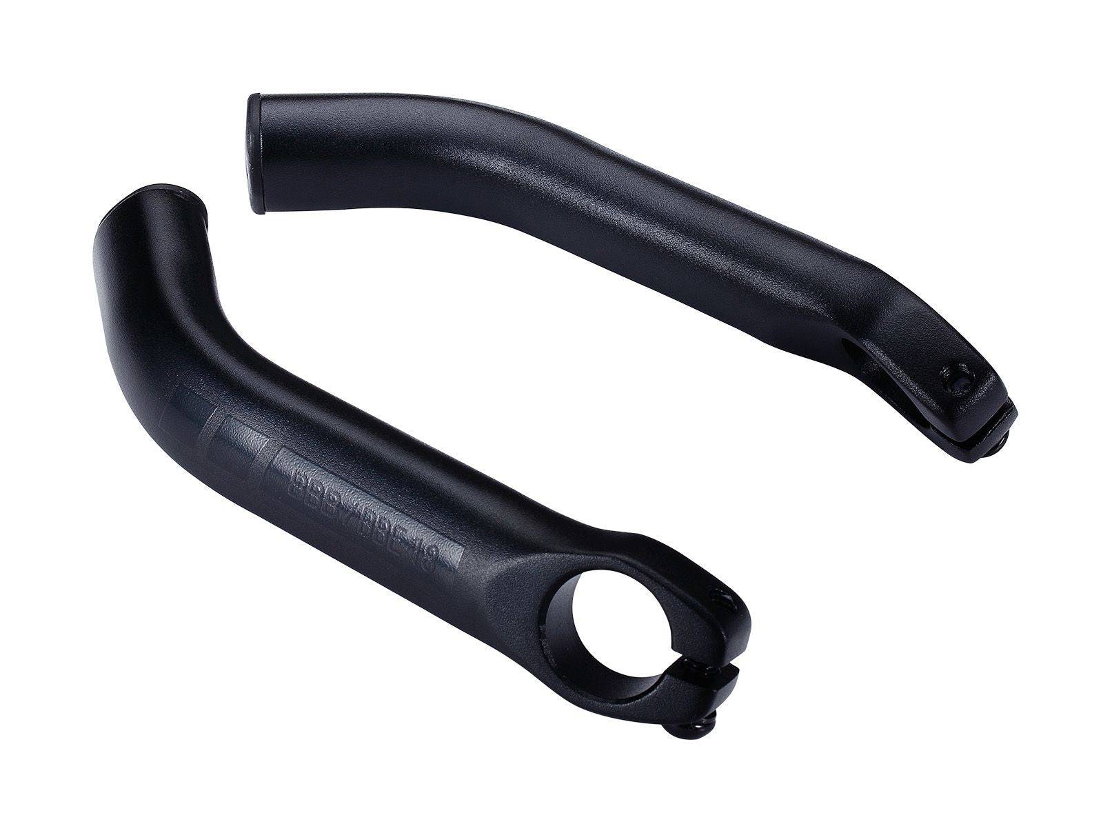BBB BBE-18 light curved aluminium bar ends for ergonomic handlebar grip and control, shown attached to motorcycle handlebar.