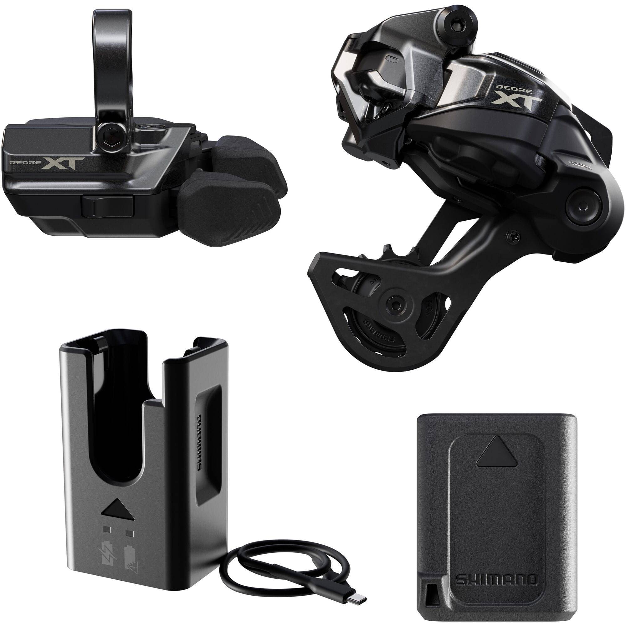 Shimano Deore XT M8250 Di2 Wireless Upgrade Kit with SW-M8250 shifter and GS derailleur for mountain bike components.