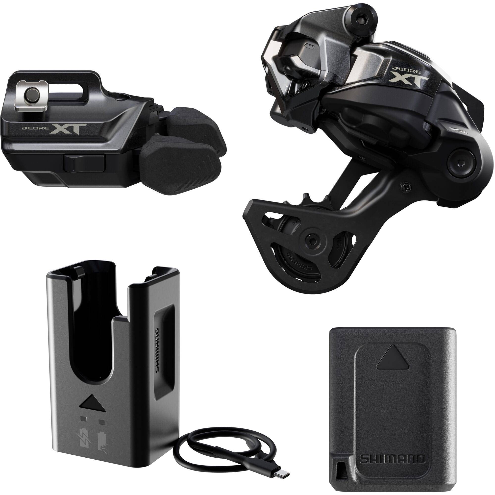 Shimano Deore XT M8250 Di2 Upgrade Kit with SW-M8250 I-Spec EV shifter and GS derailleur on a white background.