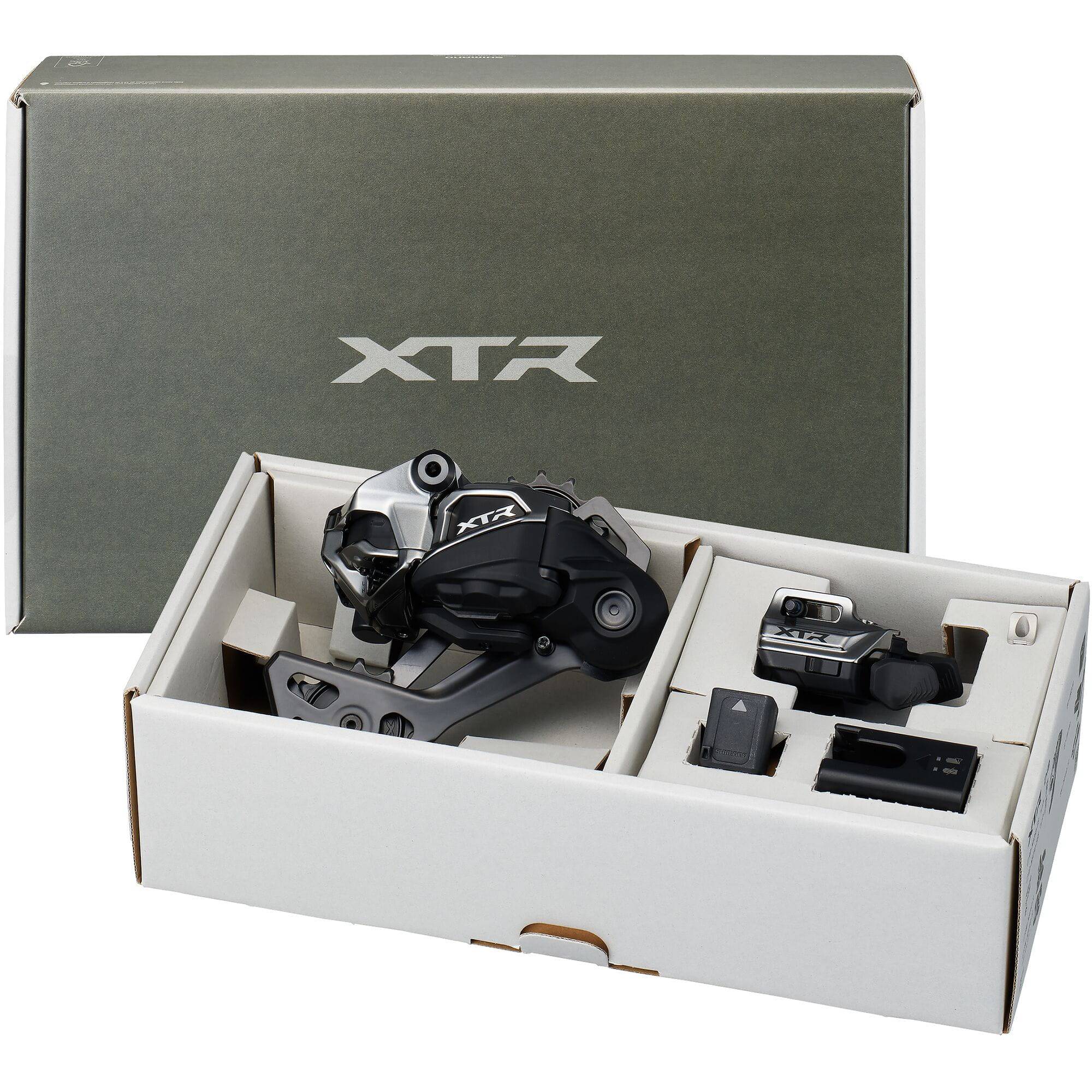Shimano XTR M9250 Di2 MTB upgrade kit with SW-M9250 shifter, BT-DN320 battery, EC-DN100 charger, chain, and rear derailleur
