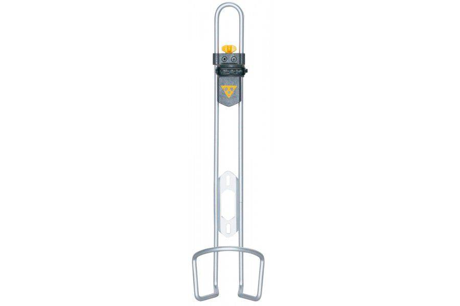 Topeak Modula Cage XL silver bike bottle holder, durable large capacity water bottle cage mounted on a bike frame.