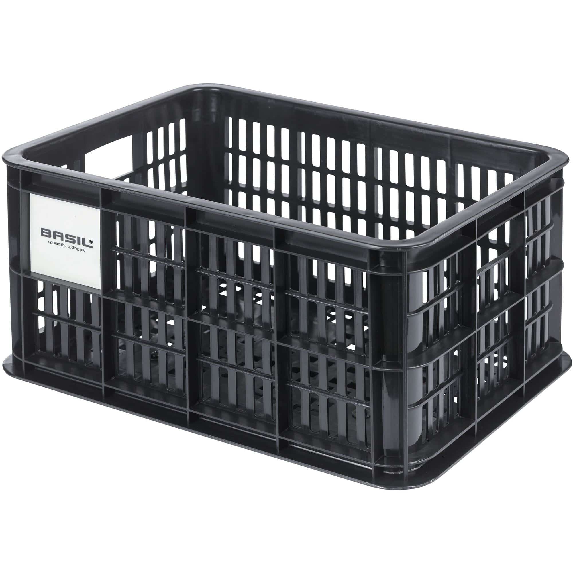 Black Basil Bicycle Crate MIK Small 17.5L recycled synthetic bike basket mounted on a bicycle for carrying small items.