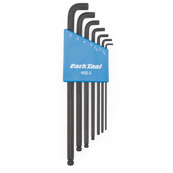 Park Tool HXS-3 Stubby Hex Wrench Set with portable organizer, ideal for tight spaces in workshop repair and maintenance.