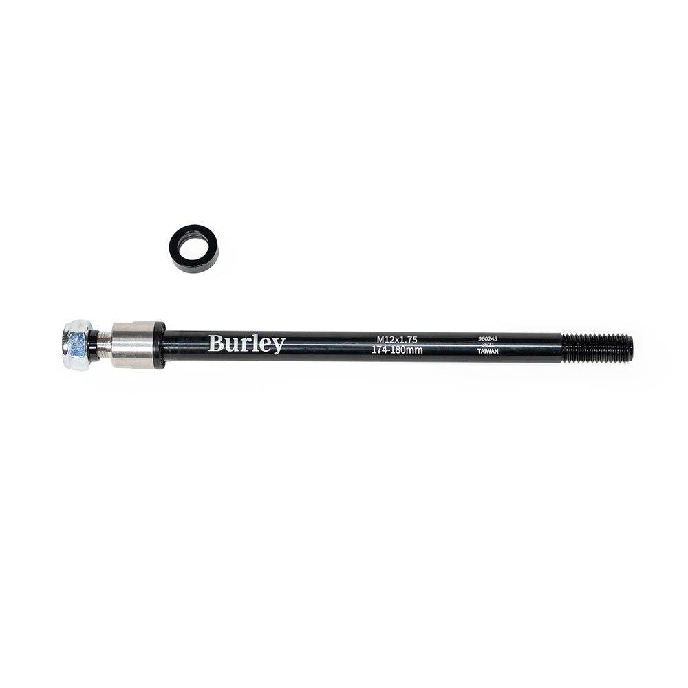Burley Thru Axle Mount for 12mm bikes, used as trailer connector and spare accessory, shown in black with mounting hardware