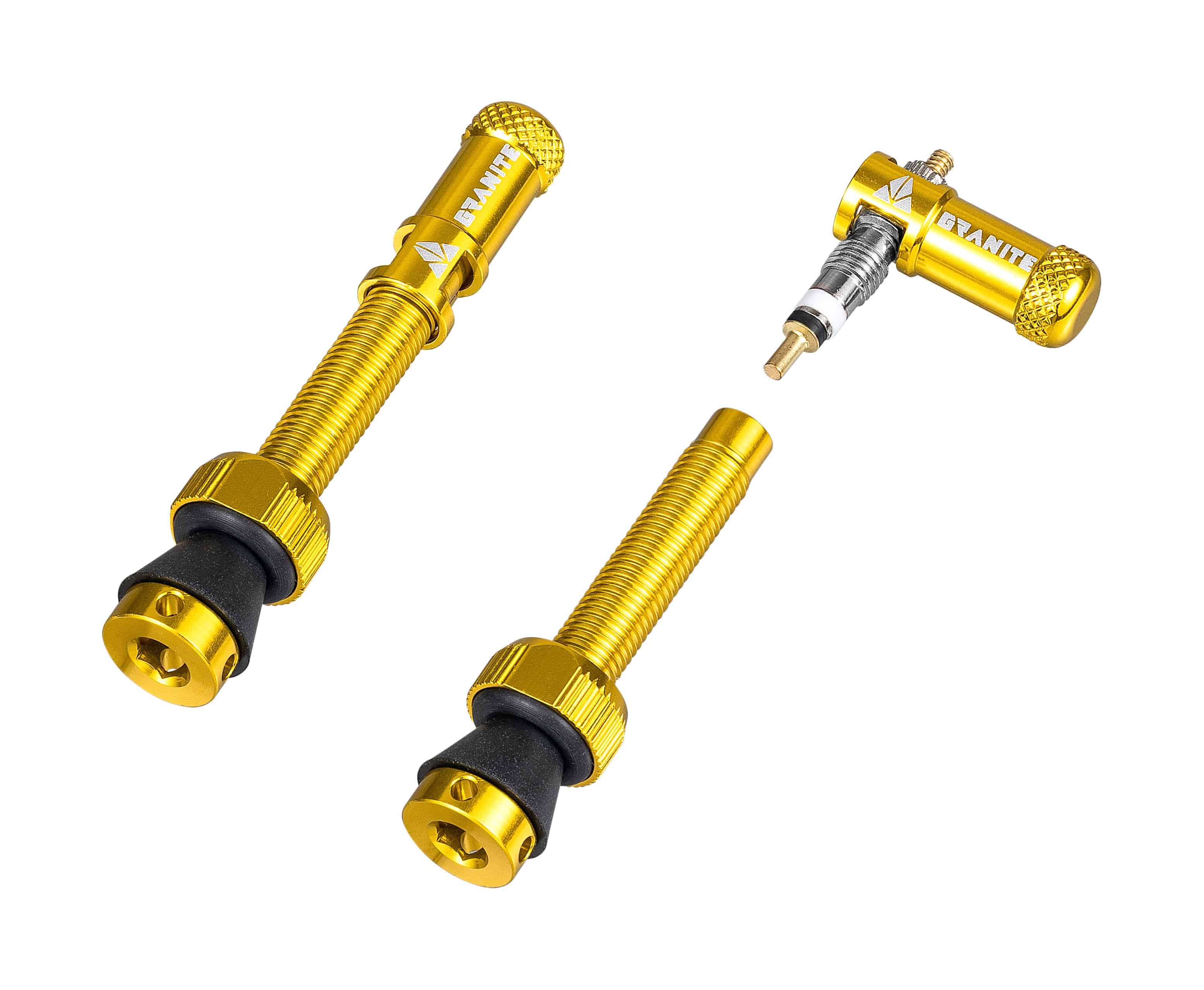 Granite Match Presta valve stem with gold Juicy Nipple cap and valve core remover, bicycle wheel component.