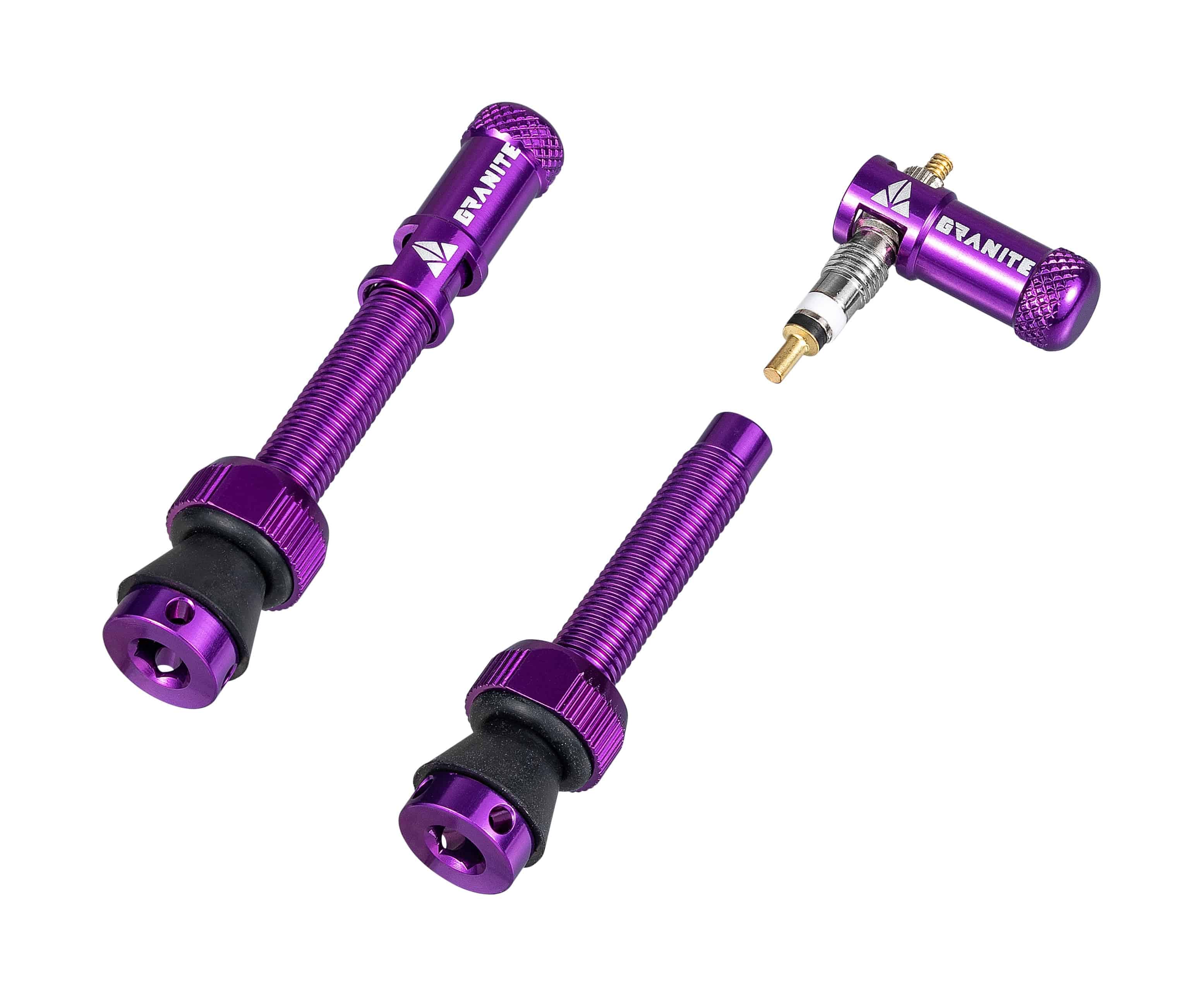 Granite Match Presta valve stem with purple Juicy Nipple Cap and valve core remover for bicycle tubeless tires.