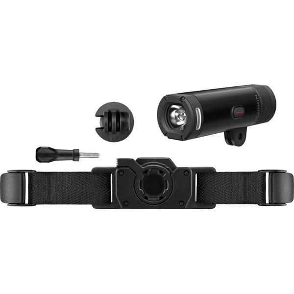 Garmin Varia UT800 Trail Edition bike headlight with 800 lumens, mounted on a bicycle for trail riding visibility.