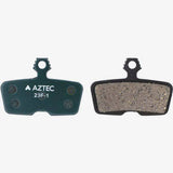 Aztec disc brake pads for Avid Code e-Bike models, shown with metal backing plates and brake pad material for mountain biking.