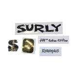 Surly decal kits and headbadge accessories for bikes and frames, featuring colorful branding components and spares.