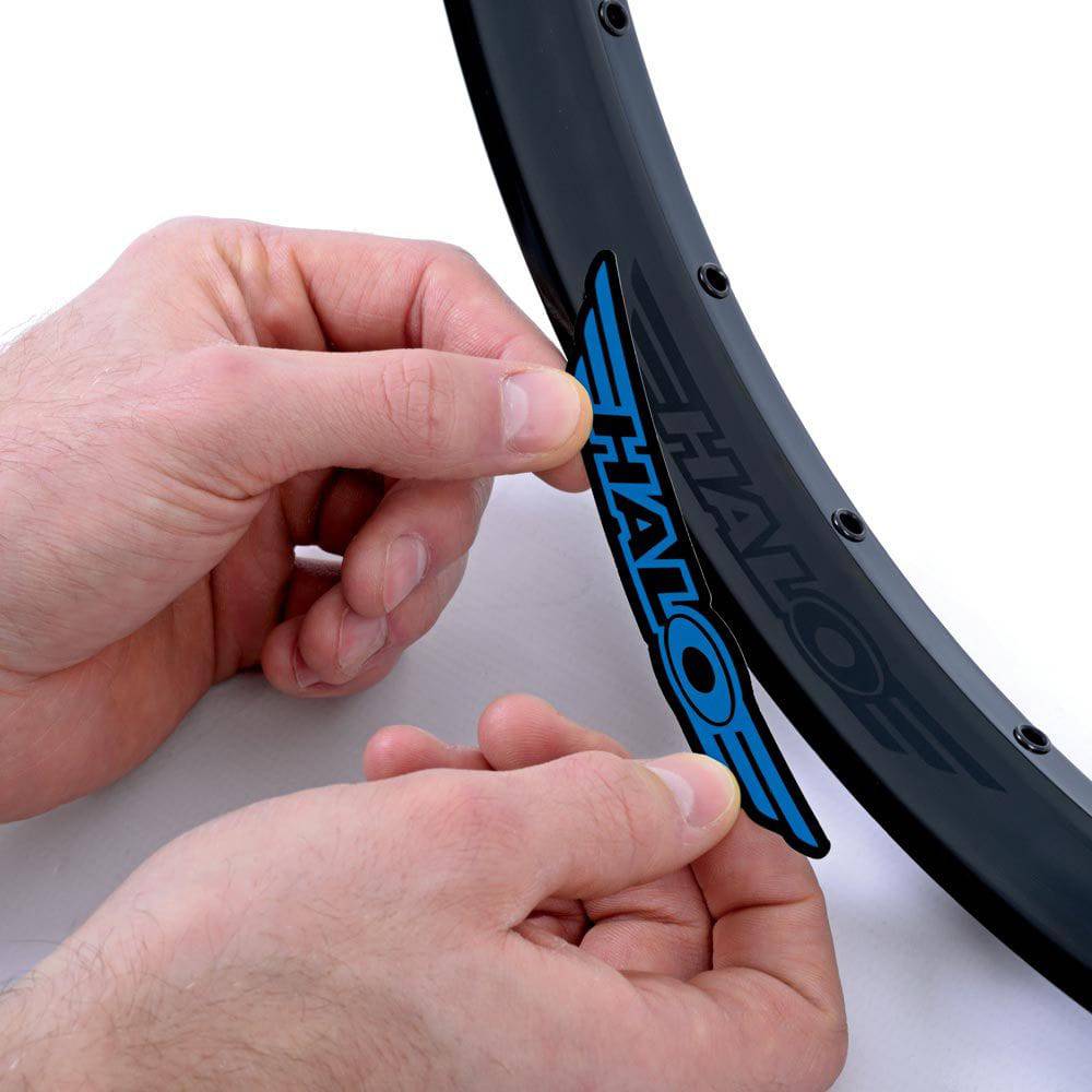 Halo Vortex rim decals for 27.5 and 29-inch wheels, 24-pack bike rim stickers, durable component accessories for MTB and bike wheels.