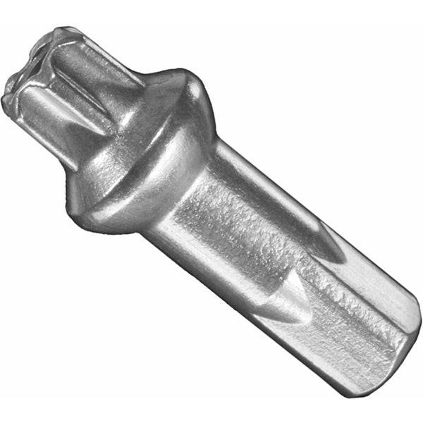 Silver DT Swiss 2.0mm x 15mm Prolock Pro Head Squorx Brass Nipples for bicycle wheel components, shown in a box of 100.