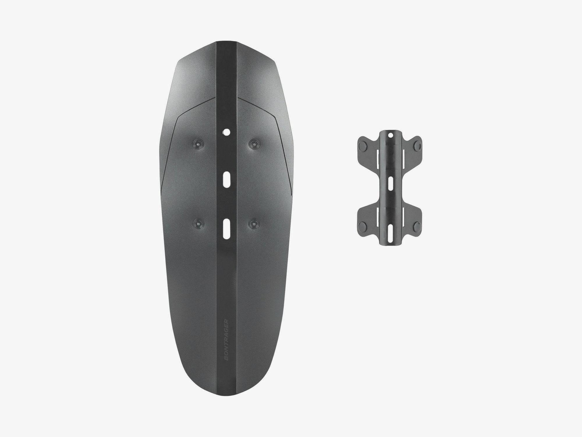 Black Trek Farley bolt-on front fender for downtube bikes, universal fit, durable component for bike mud protection.