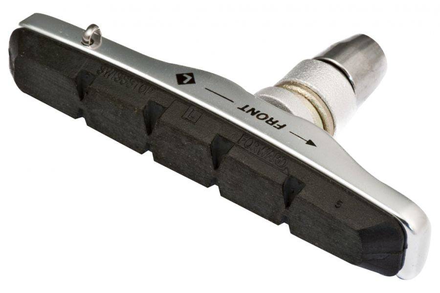 Pair of SwissStop RX Plus black V-brake pads showing their full black compound in a close-up image.