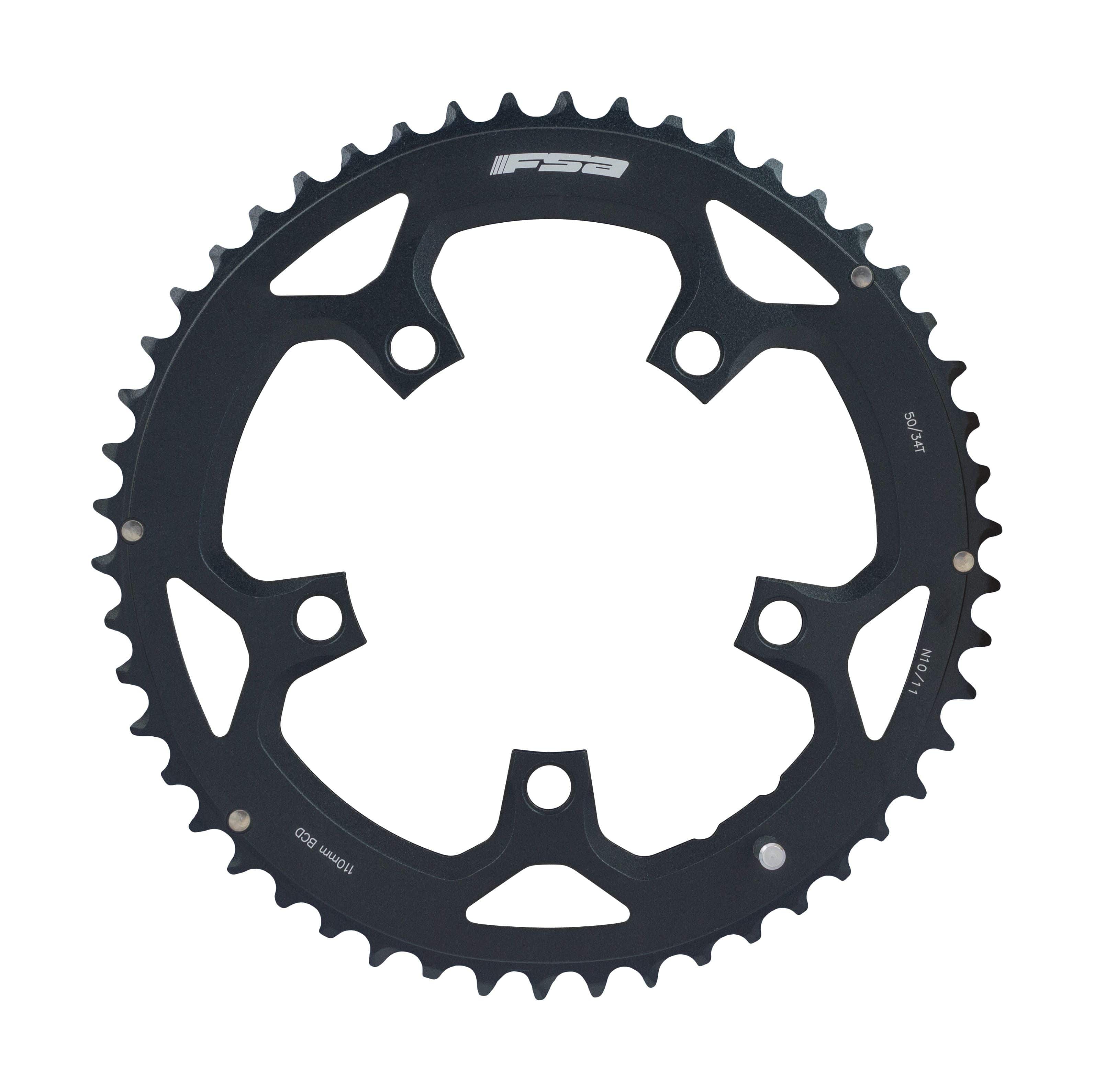 FSA Pro Road 50T black anodized 2x11 speed chainring with 110 BCD, 5-hole mounting, and 12mm pin for cycling components.