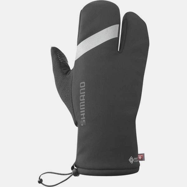 Shimano Unisex WINDSTOPPER Primaloft 2x2 split-finger gloves for cold weather, showing black and gray insulated gloves with logo