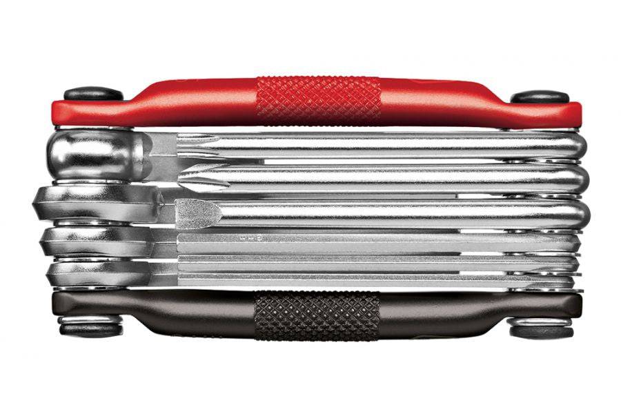 Crankbrothers Multi 10 bike multi-tool in black and red with hex keys and screwdrivers for bike repairs and adjustments.