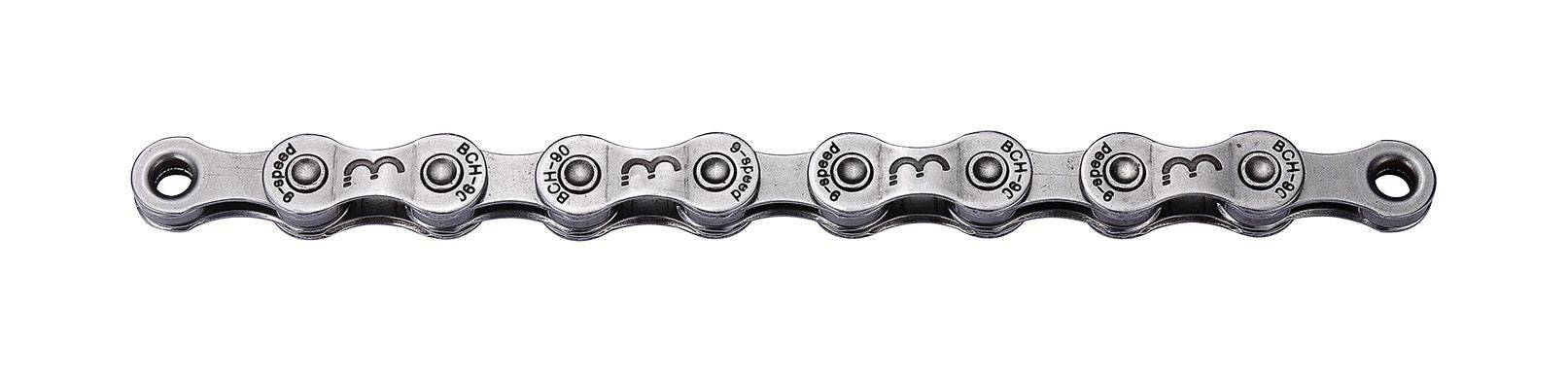 Gray BBB BCH-90 PowerLine 9-speed bike chain with 114 links and SmartLink II, shown on a bicycle drivetrain.