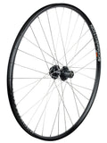 Bontrager 700C rear mountain bike wheel with 6-bolt disc brake mount, black alloy rim, 32 spokes, and durable component design.
