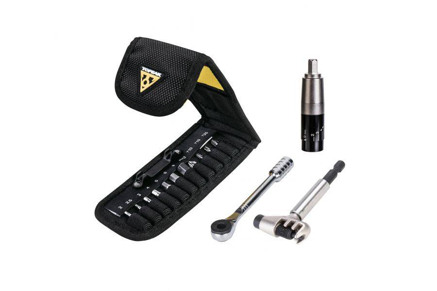 Topeak Ratchet Rocket Lite NTX+ bike multi-tool with adjustable torque, featuring hex keys and screwdriver bits for bike repairs.