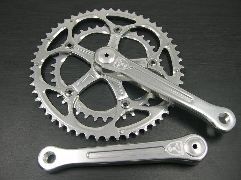 Genetic Heritage Double Crankset with 53/39T 7075 CNC alloy chainrings for road bike components, showing crank arms and chainrings.
