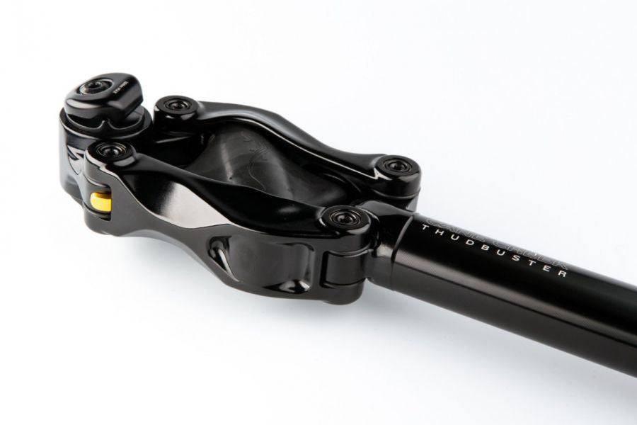 Cane Creek Thudbuster LT G4 suspension seatpost with tool-free elastomer adjustment mounted on a bicycle seat tube