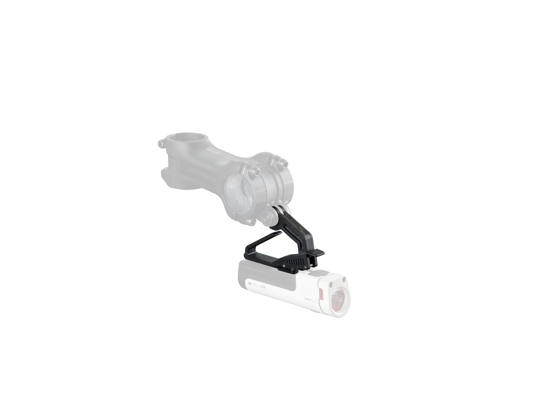 Black Bontrager Blendr MTB Ion light mount, designed for compatibility with Blendr stems and bases on mountain bikes.
