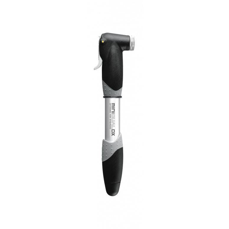 Topeak Mini Dual DX bike pump with gauge, black and silver, showing Presta and Schrader valve compatibility for cycling accessories.