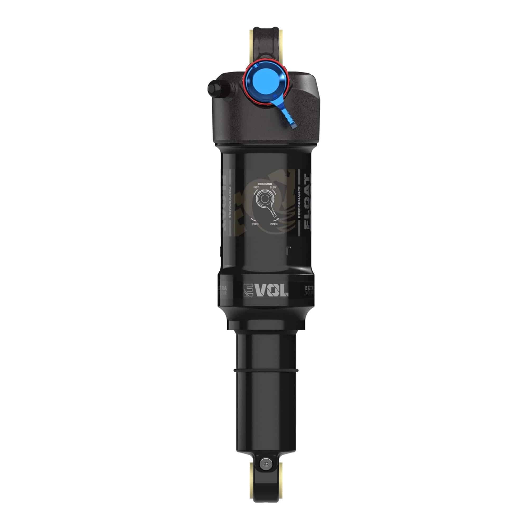 Fox Float Performance rear shock with 2-position adjustability for trail and e-MTBs, showing the shock's body and adjustment lever.