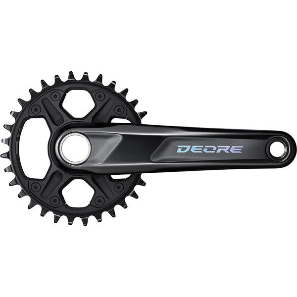 Shimano Deore 12-speed MTB chainset with 55mm boost chainline, featuring black crank arms and chainring for mountain biking.