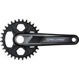 Shimano Deore 12-speed MTB chainset with 55mm boost chainline, featuring black crank arms and chainring for mountain biking.